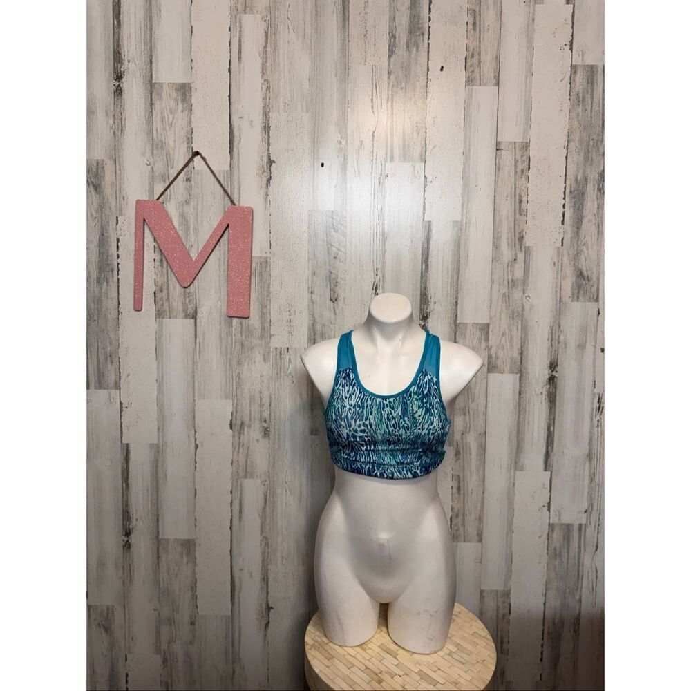 Blue Teal Cheetah Animal Print Sports Bra Womens Medium Racerback Mesh Cutout